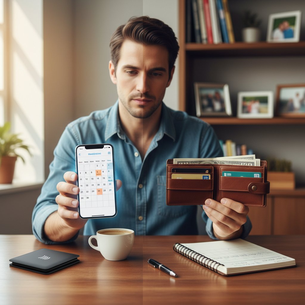 Mann vergleicht Smartphone-Apps mit Kalender und Geldbörse, symbolisiert Kosten und Verfügbarkeit digitaler vs. klassischer Angebote