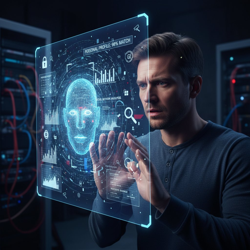 Mężczyzna patrzący z niepokojem na telefon, symbolizujący zagrożenia prywatności w profilowaniu AI