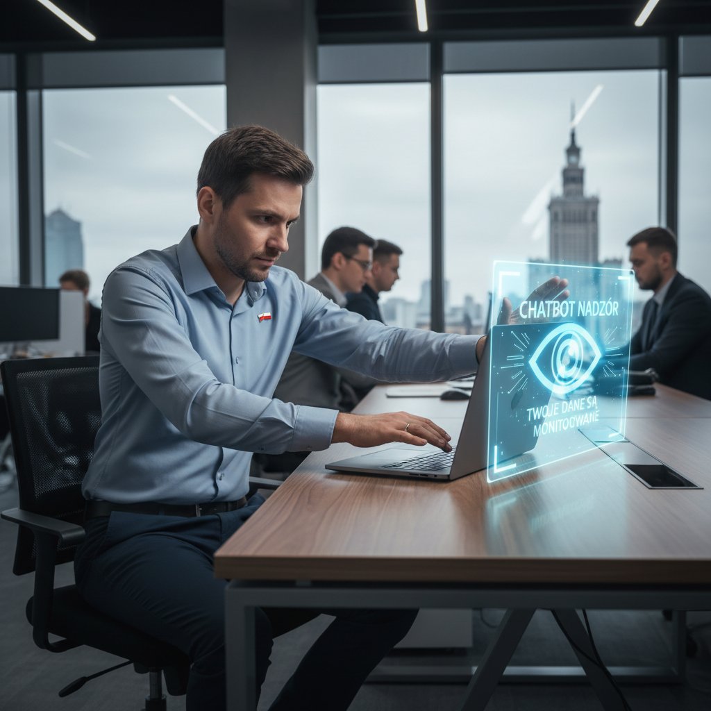 Mężczyzna zasłaniający ekran laptopa przed chatbotem analizującym dane, atmosfera niepokoju, prywatność w reklamie, polskie biuro