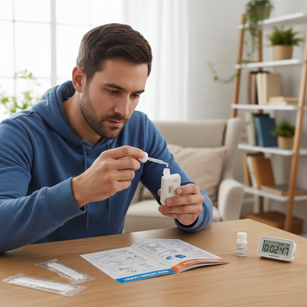 Mężczyzna wykonuje domowy test diagnostyczny, instrukcja w tle