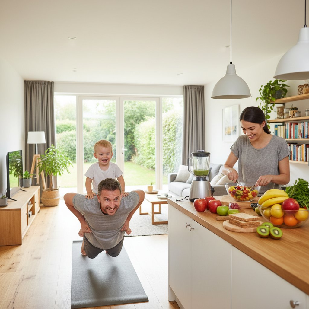 Mężczyzna ćwiczący w domu z dzieckiem, wspólne gotowanie ze zdrową żywnością
