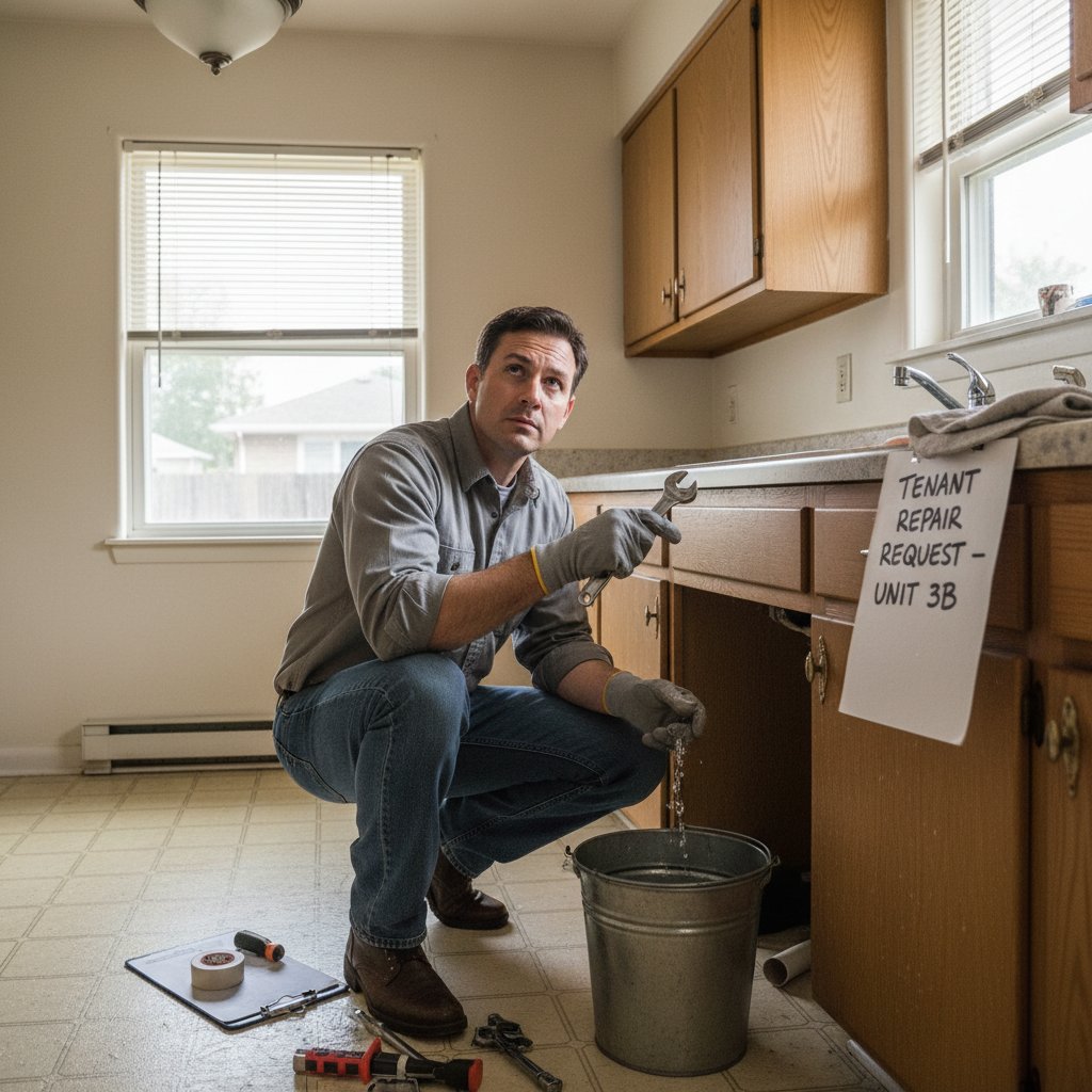 Mężczyzna naprawiający cieknący kran w kuchni wynajmowanego mieszkania