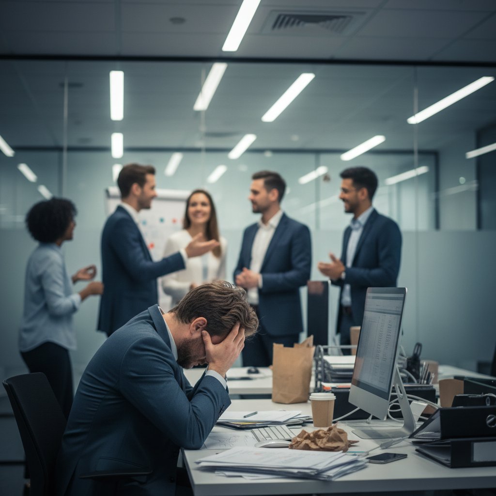 Mężczyzna trzymający głowę w dłoniach w zatłoczonym biurze – obraz stresu wynikającego z wymiany społecznej