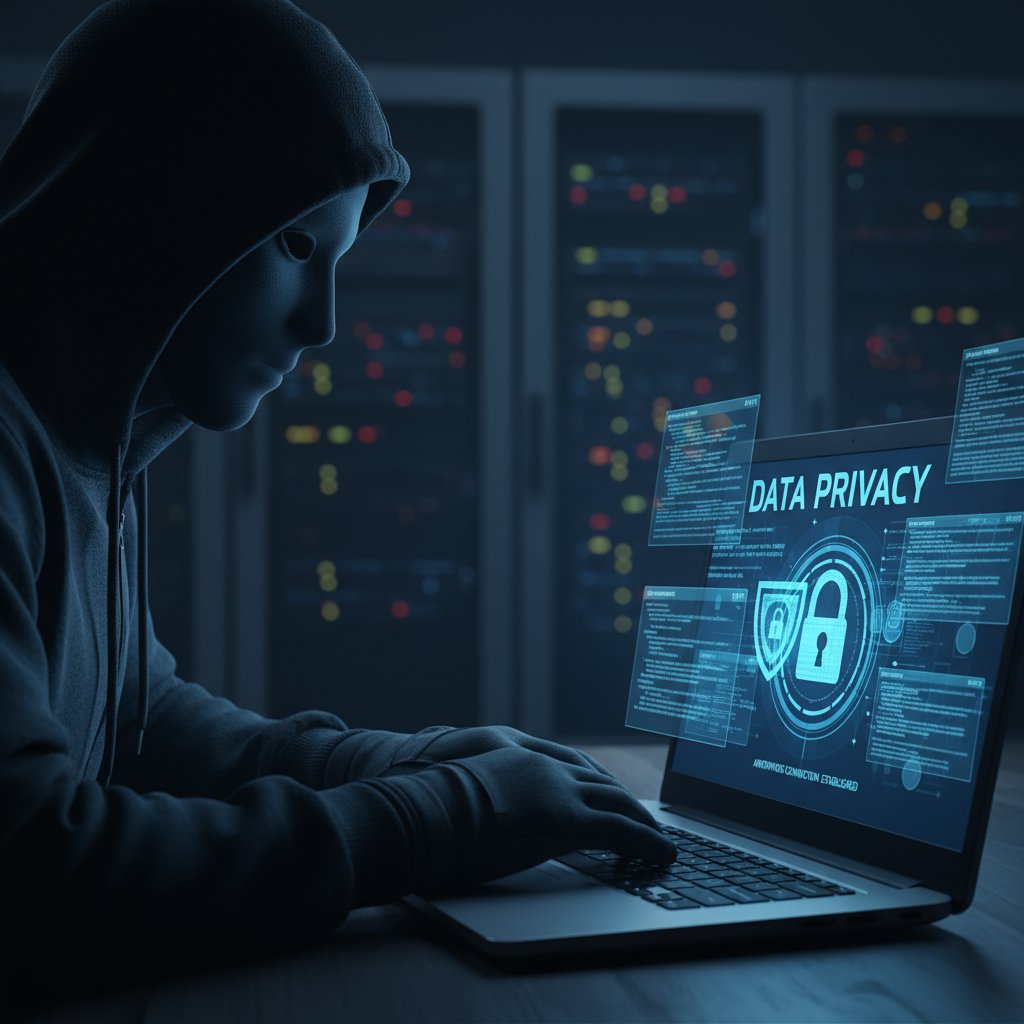 Mężczyzna z zamazaną twarzą używający laptopa, symbolizujący próbę ukrycia się przed AI