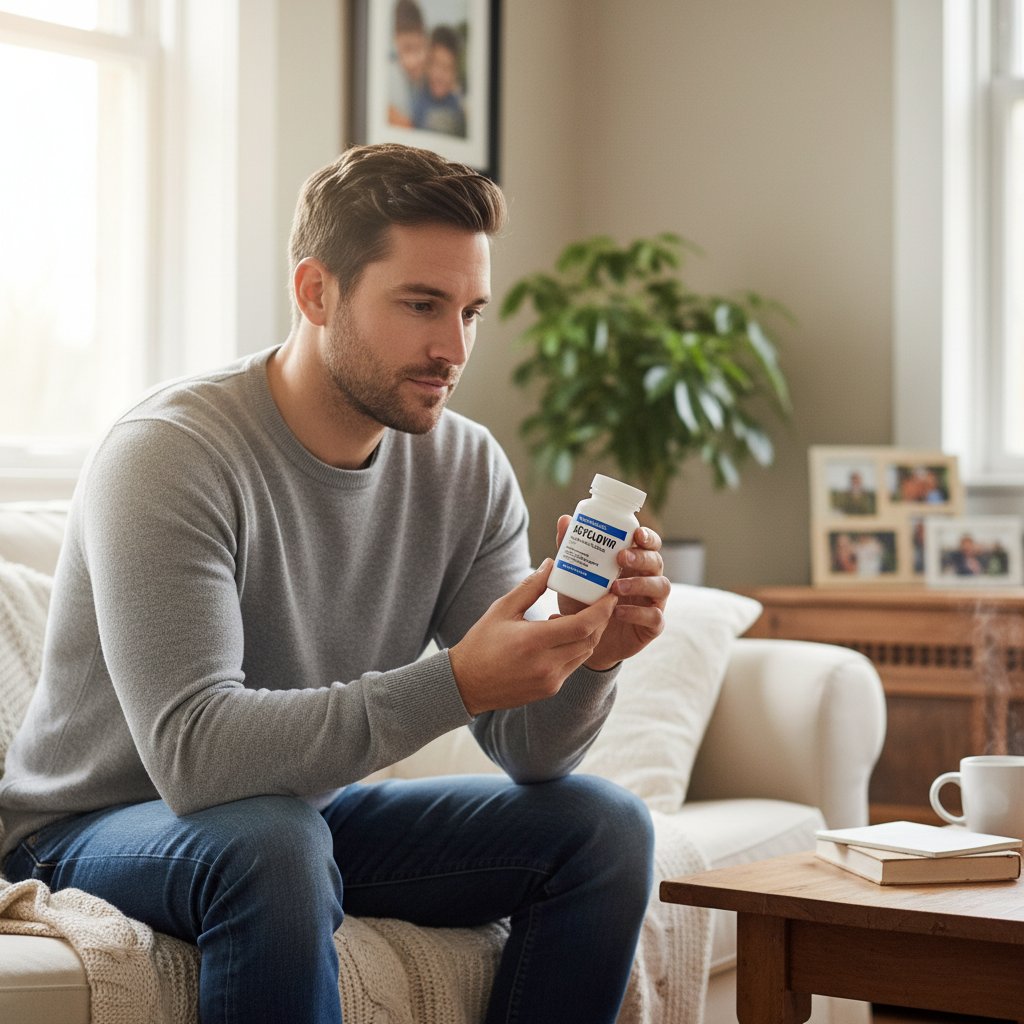 Uśmiechnięty mężczyzna trzymający opakowanie acyklowiru w domu