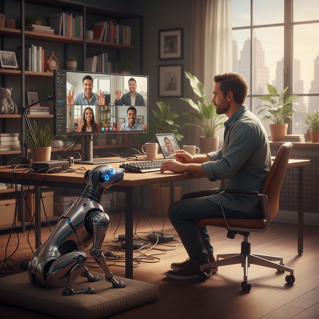 Mężczyzna przy komputerze podczas wideokonferencji, obok ekran z pieskiem AI