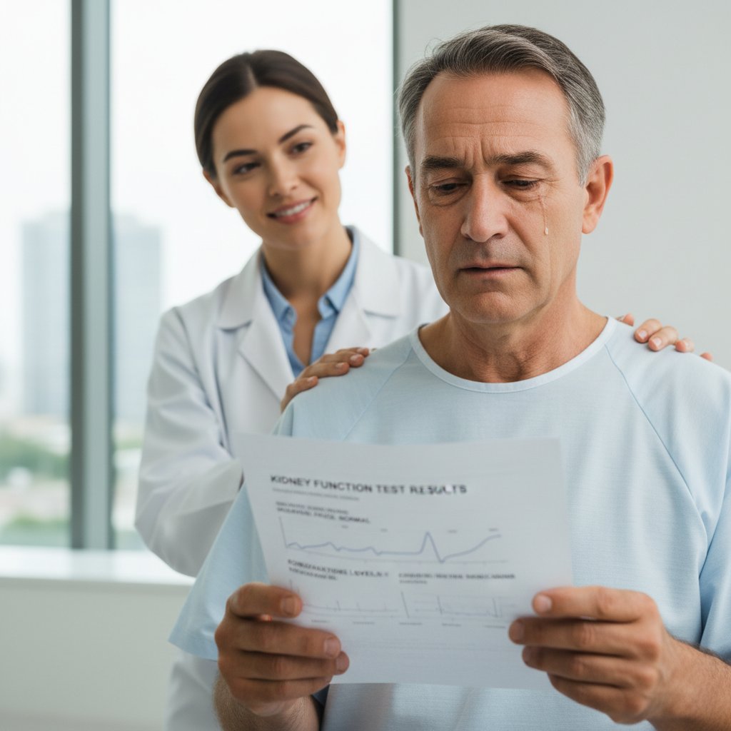 Mężczyzna w szpitalu, przy łóżku szpitalnym, trzymający wyniki badań GFR, emocjonalny portret