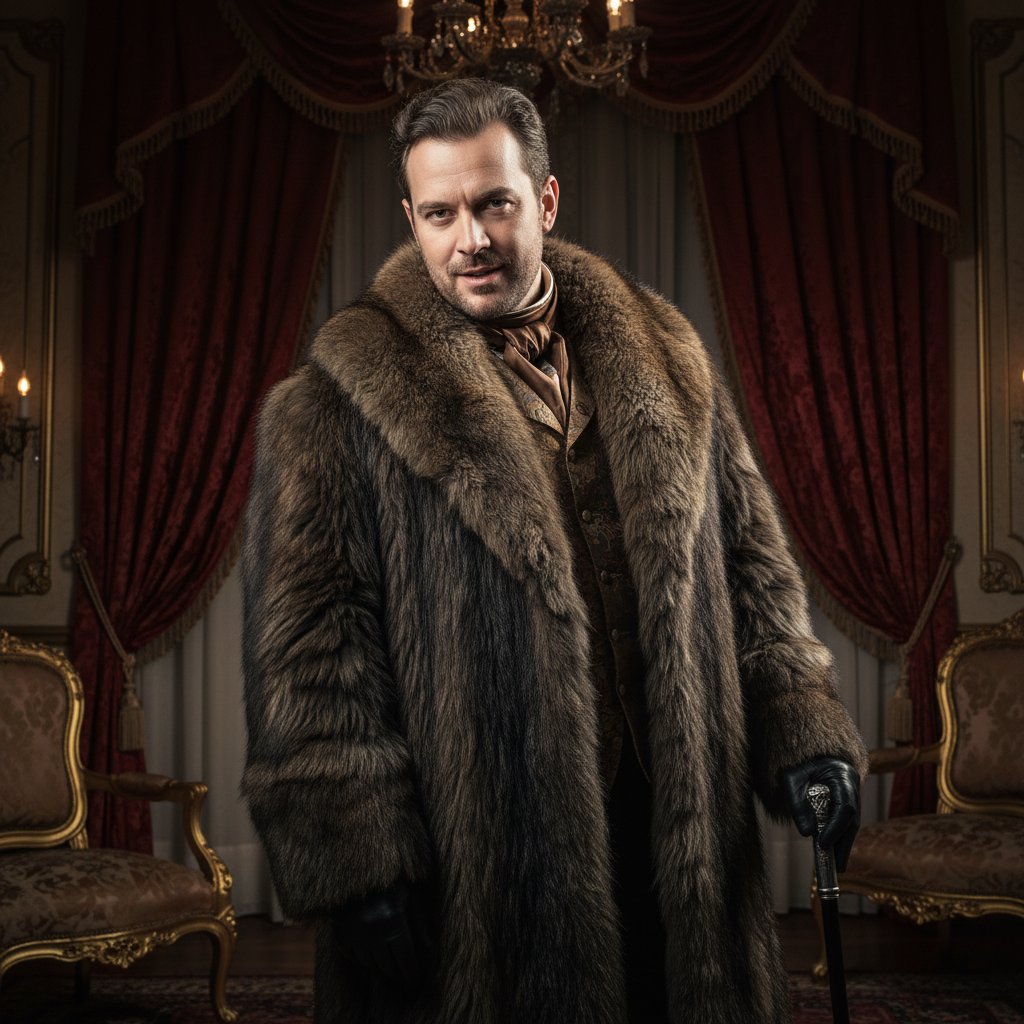 Portret mężczyzny w futrze, z nutą prowokacji w spojrzeniu, styl XIX-wieczny.