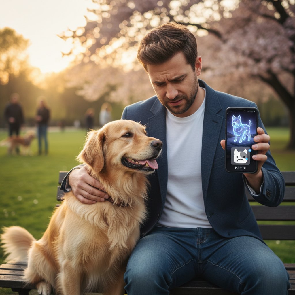 Mężczyzna siedzący w parku z prawdziwym psem i drugi obok z telefonem, na którym wyświetla się wirtualny pies, kontrast emocji