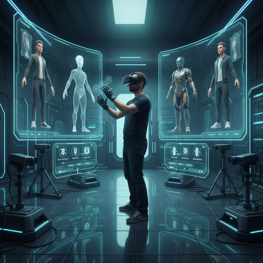 Mężczyzna w studiu VR generujący własny avatar, sprzęt i ekrany z modelami 3D