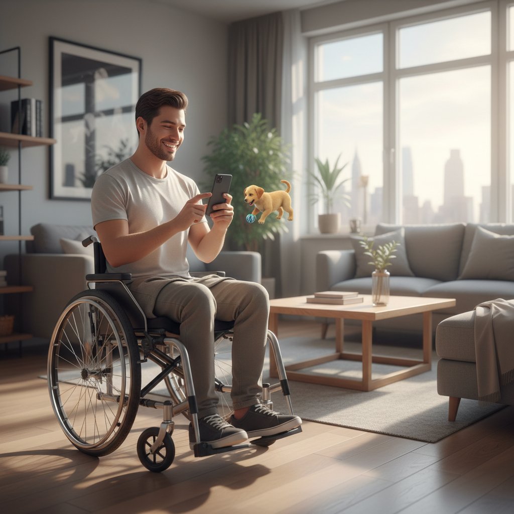 Mężczyzna na wózku inwalidzkim korzystający z aplikacji pies symulator aktywności sportowej na smartfonie, wnętrze apartamentu