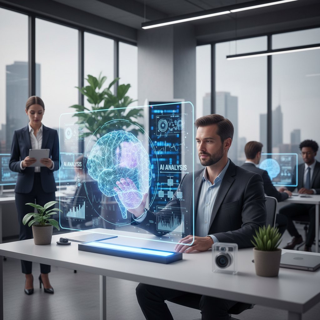 Mężczyzna podczas rozmowy rekrutacyjnej online, AI analizuje jego odpowiedzi na ekranie