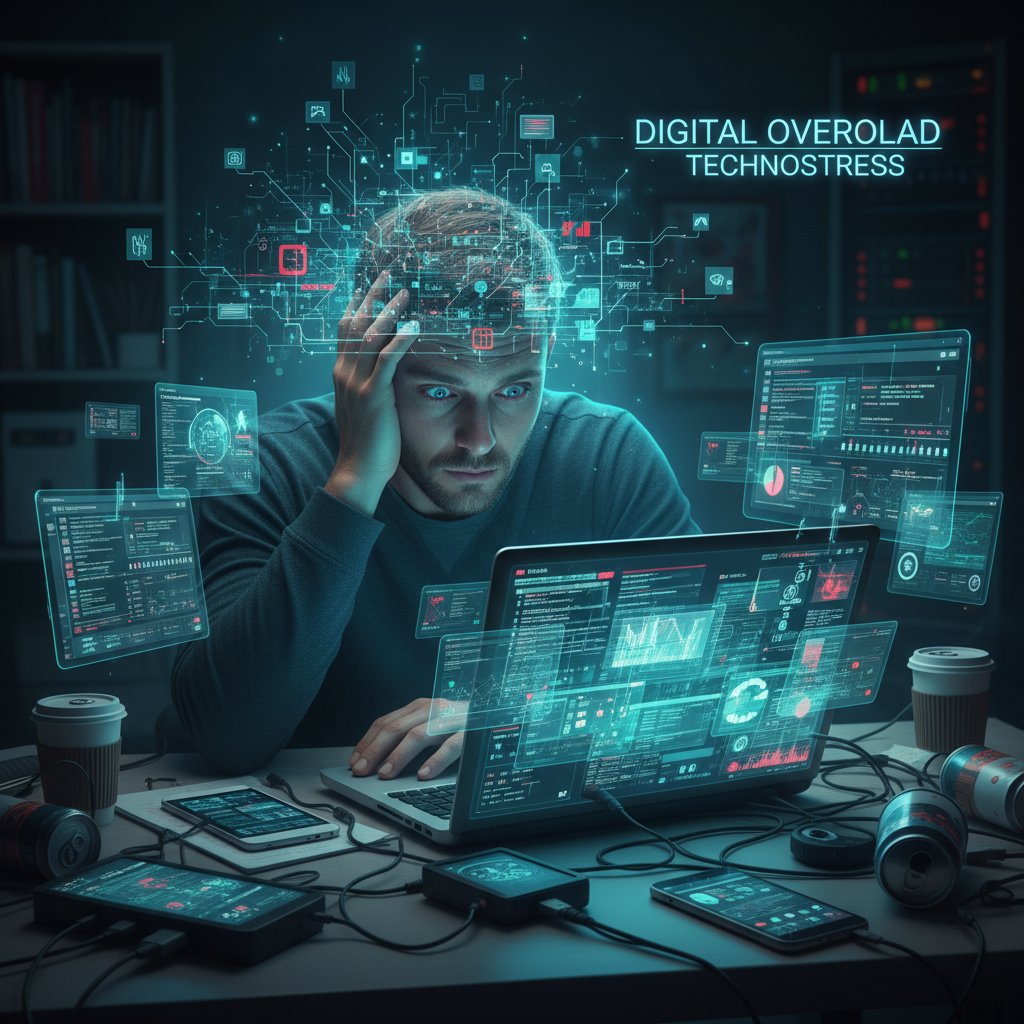 Mężczyzna przy laptopie, otoczony urządzeniami, technostres