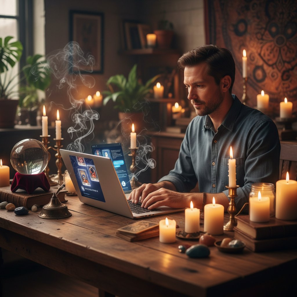 Mann am Laptop vor Kerzen, Bildschirm zeigt digitale Tarotkarten und KI-Dialog