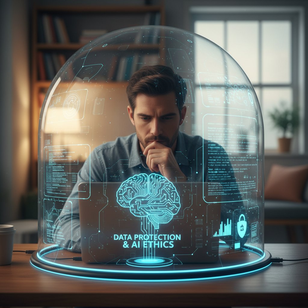 Mężczyzna pracujący przy komputerze z zasłoniętym ekranem – ochrona prywatności i danych AI