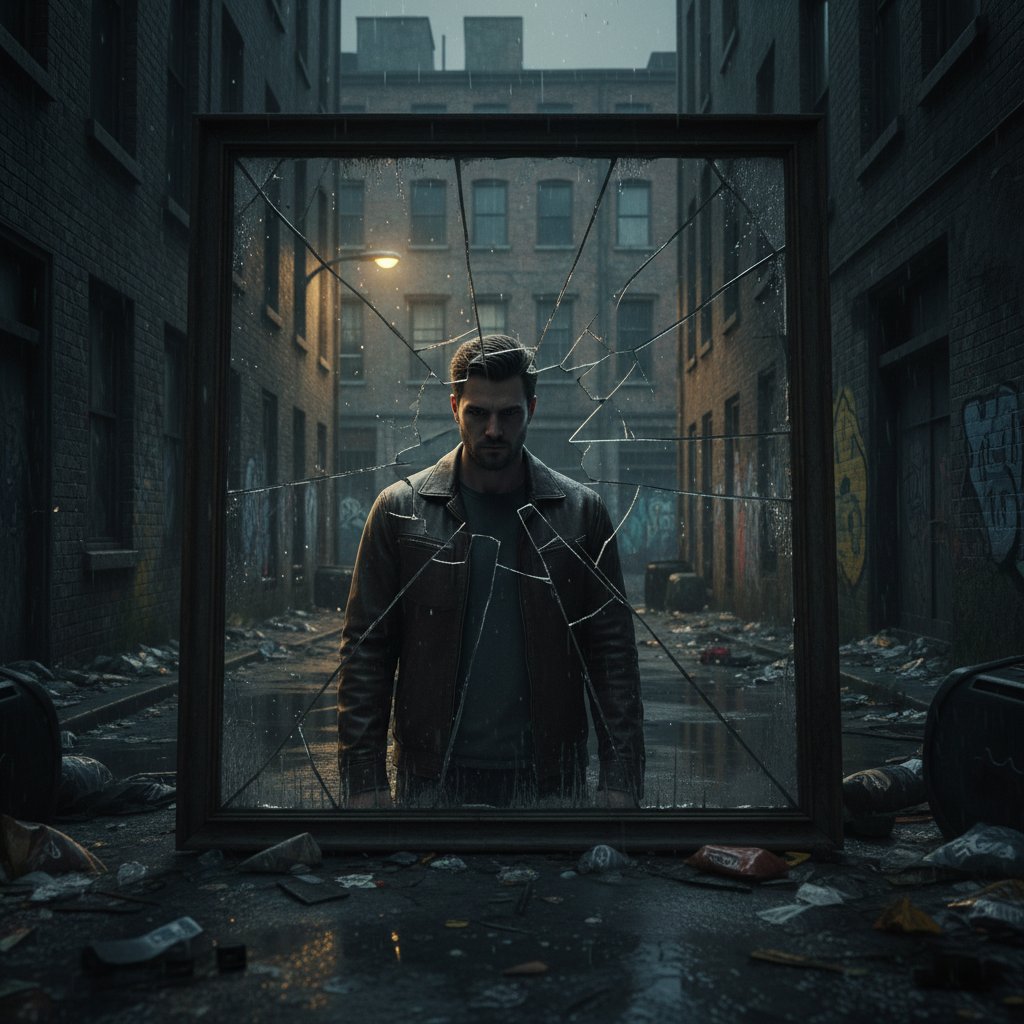 Mężczyzna patrzący w popękane lustro, symbolizujące rozbicie tożsamości przez gaslighting