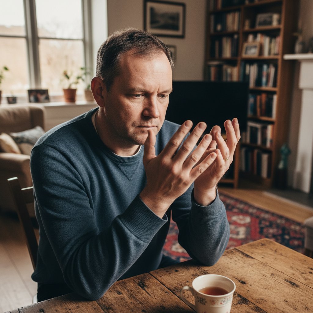 Mężczyzna w średnim wieku patrzący na swoje dłonie, wyraz zamyślenia, domowe otoczenie