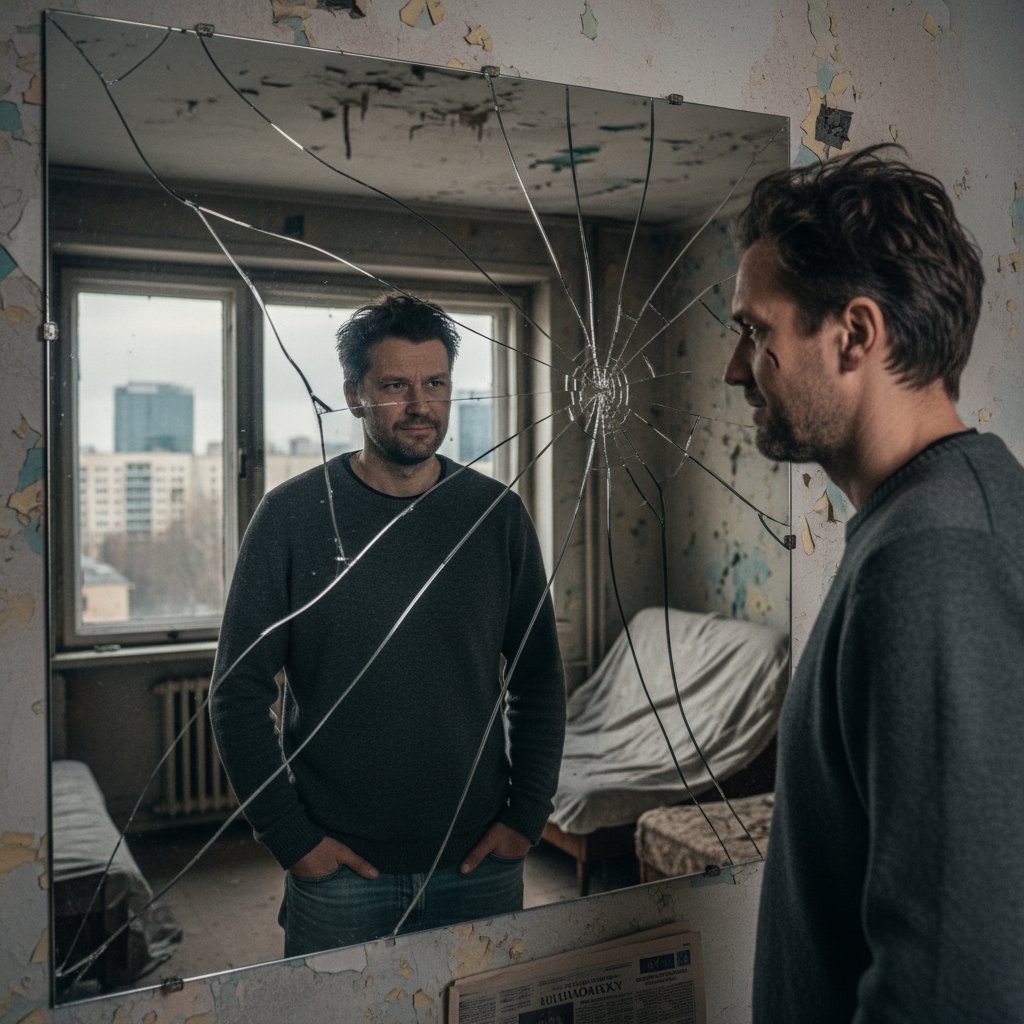 Mężczyzna patrzący na siebie w popękanym lustrze, Warszawa, klimat introspekcji i buntu