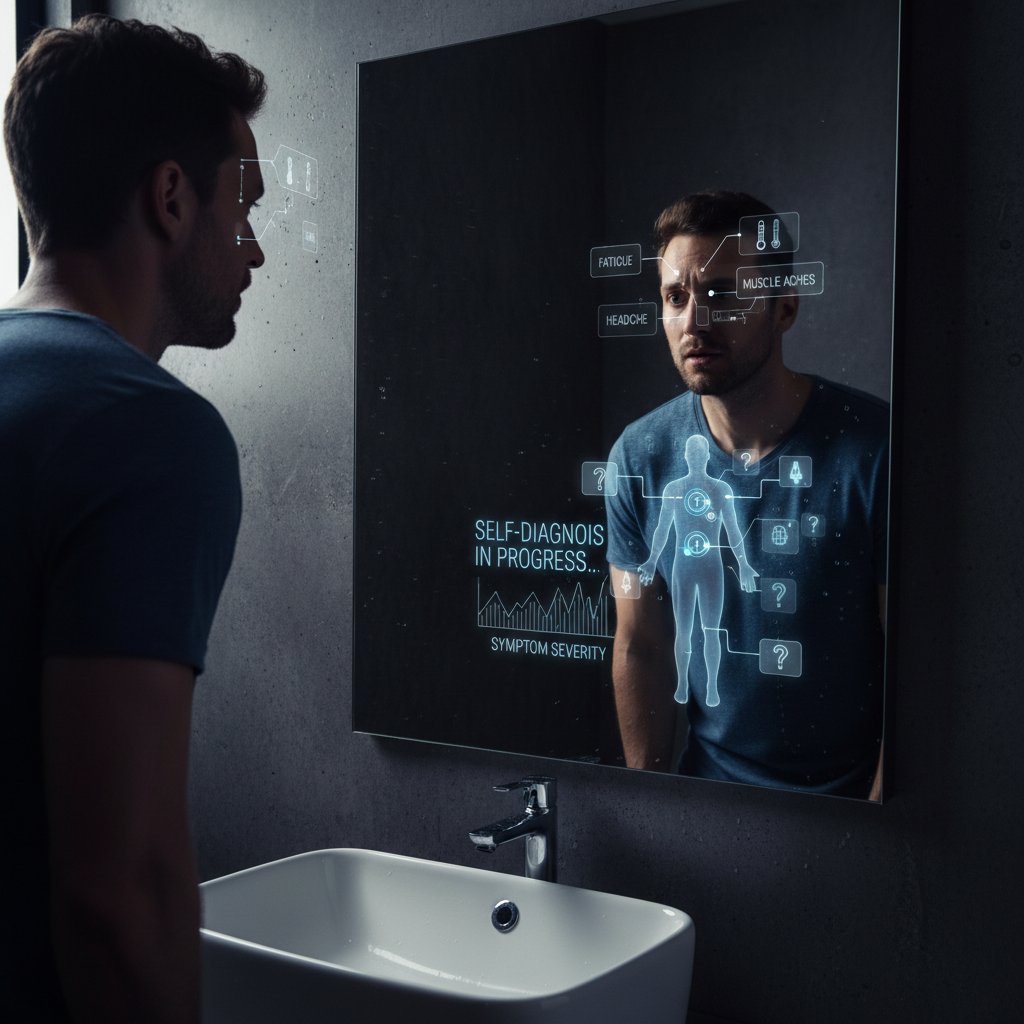 Mężczyzna przy lustrze, autoanaliza objawów – symbol zapalenia prostaty, wysoki kontrast