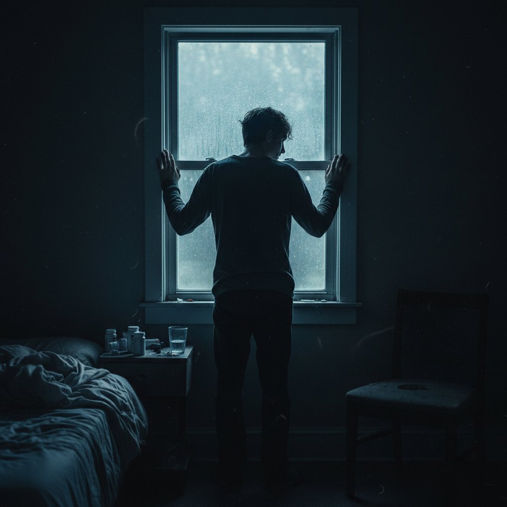 Mężczyzna patrzy w okno w ciemnym pokoju, wycofany, samotność po doświadczeniu przemocy seksualnej