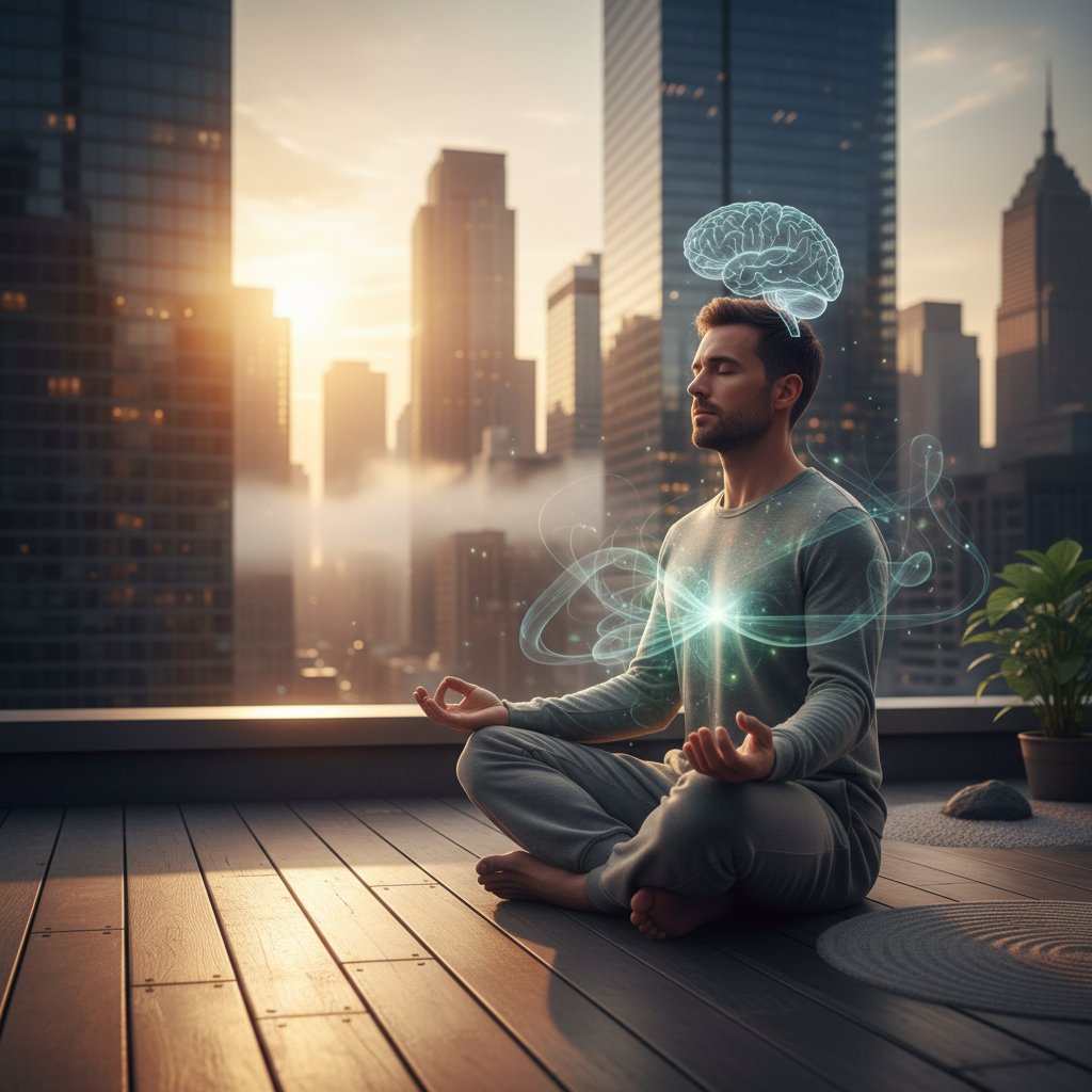 Mężczyzna medytujący na tle miejskiej panoramy, skupiony na oddechu, ilustracja pojęć: bezpieczeństwo, przeciwwskazania, efektywność