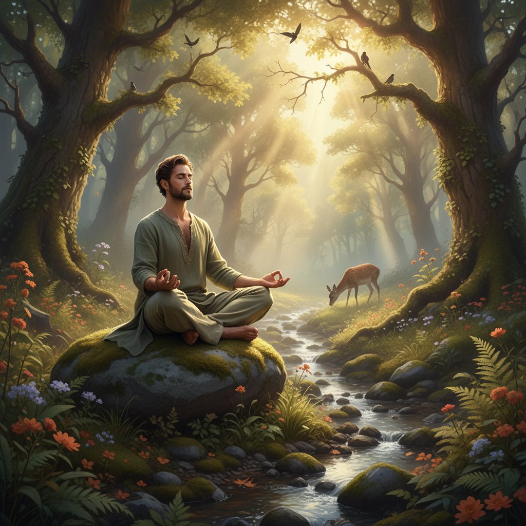 Mężczyzna medytuje na leśnej polanie, kontakt z naturą i wyciszenie