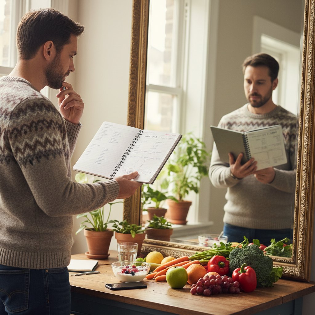 Mężczyzna przed lustrem z notatnikiem, analizuje swoje nawyki żywieniowe, na stole owoce i warzywa