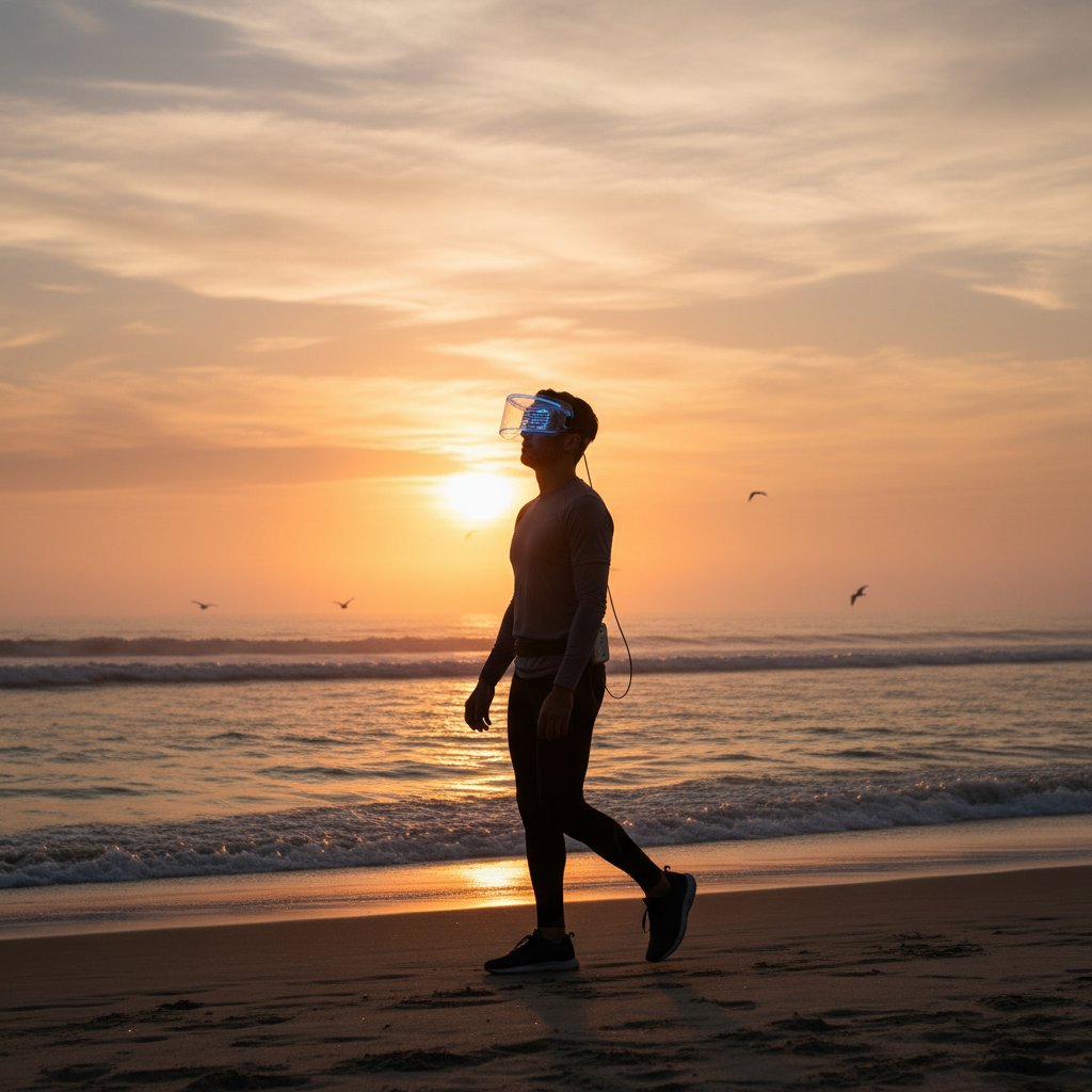 Mężczyzna wychodzący na poranny spacer, promienie wschodzącego słońca, ekspozycja na światło dzienne