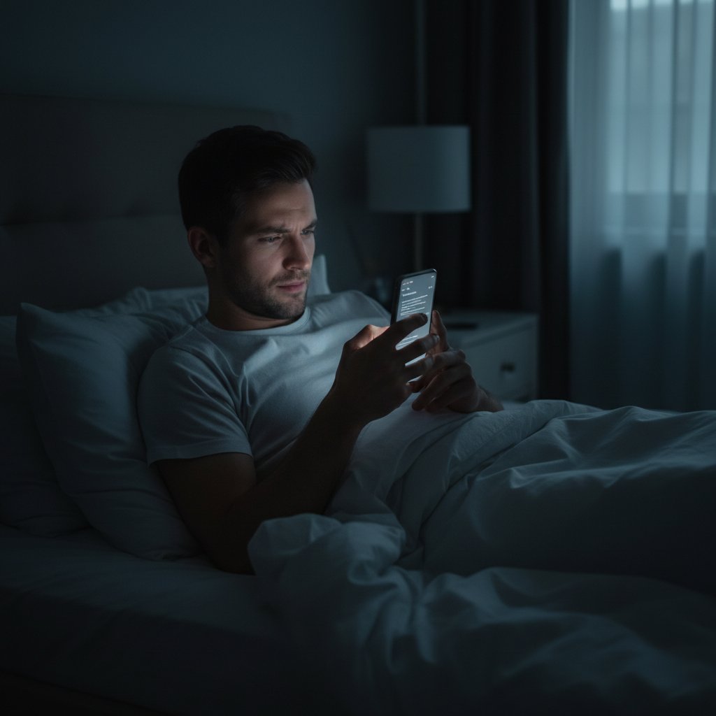 Mężczyzna siedzi na łóżku z telefonem, nocne światło, atmosfera prywatnej rozmowy