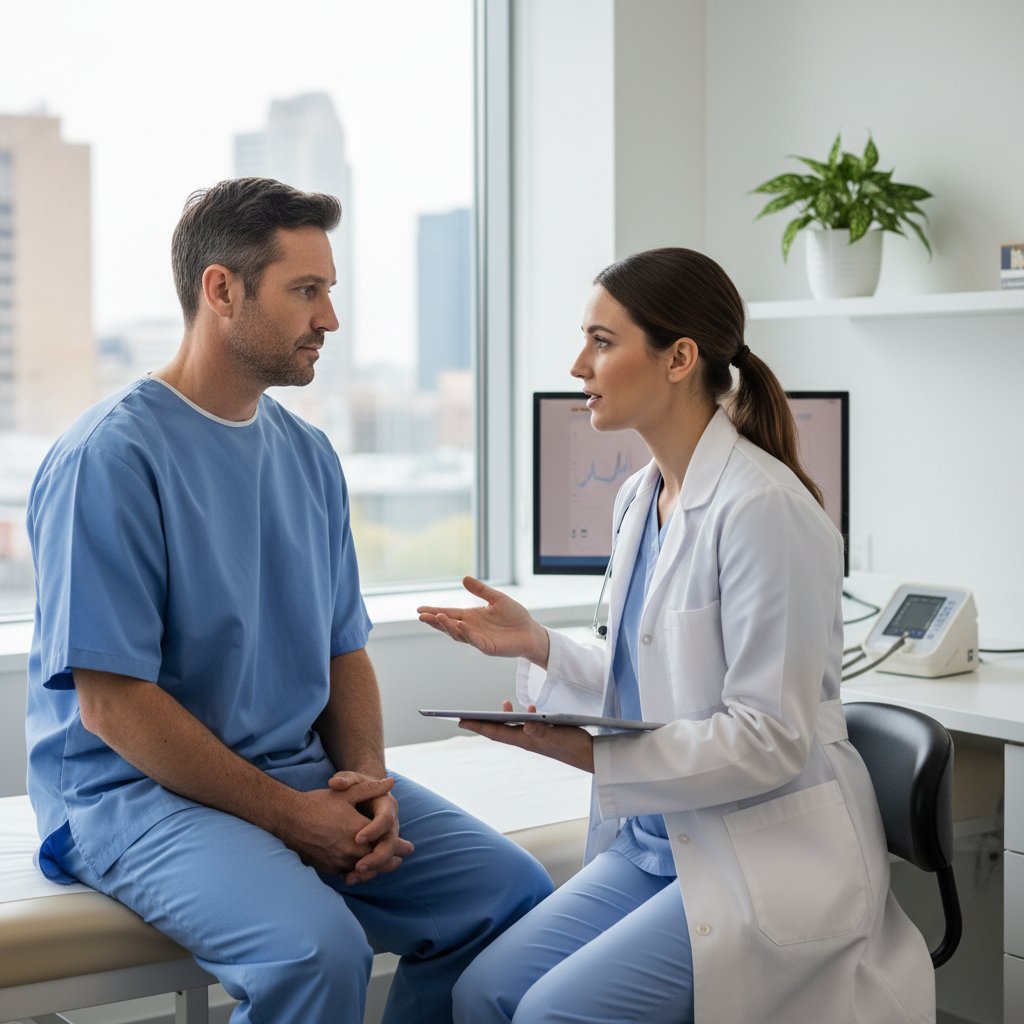 Mężczyzna rozmawiający z okulistą – moment diagnozy jaskry