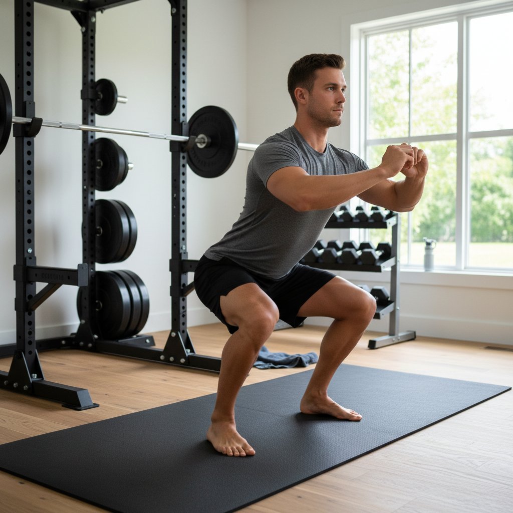 Mężczyzna wykonujący przysiad z idealną techniką na macie treningowej, progresja i bezpieczeństwo