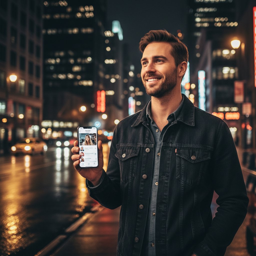 Mężczyzna z telefonem – randkowanie przez aplikacje a pewność siebie