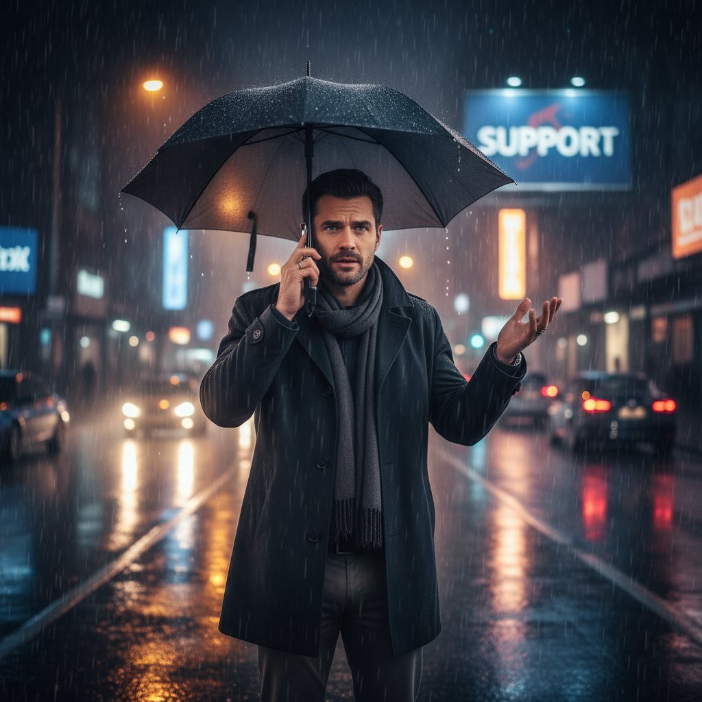 Mężczyzna rozmawiający przez telefon w deszczowy wieczór, symbol wsparcia w kryzysie emocjonalnym
