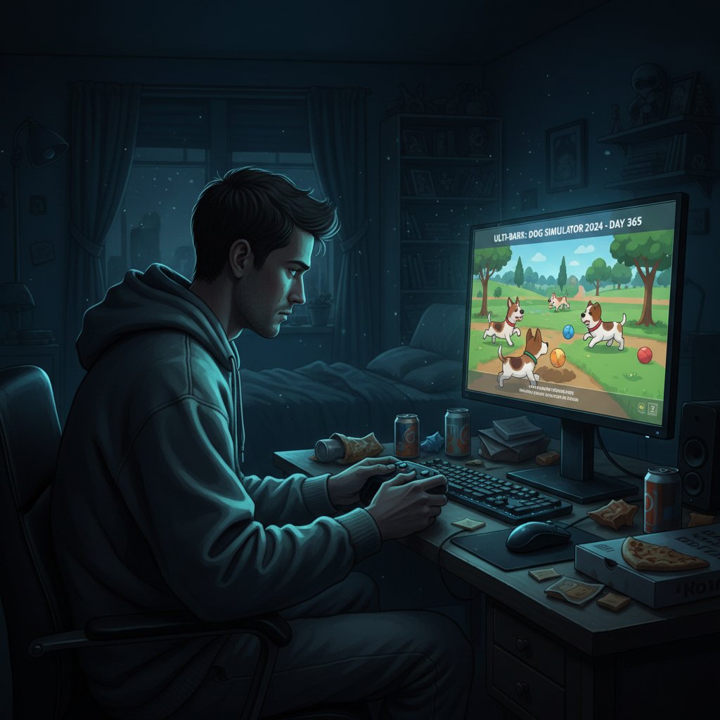 Mężczyzna samotnie grający w symulator psa w ciemnym pokoju, światło monitora kontrastuje z pustką wokół