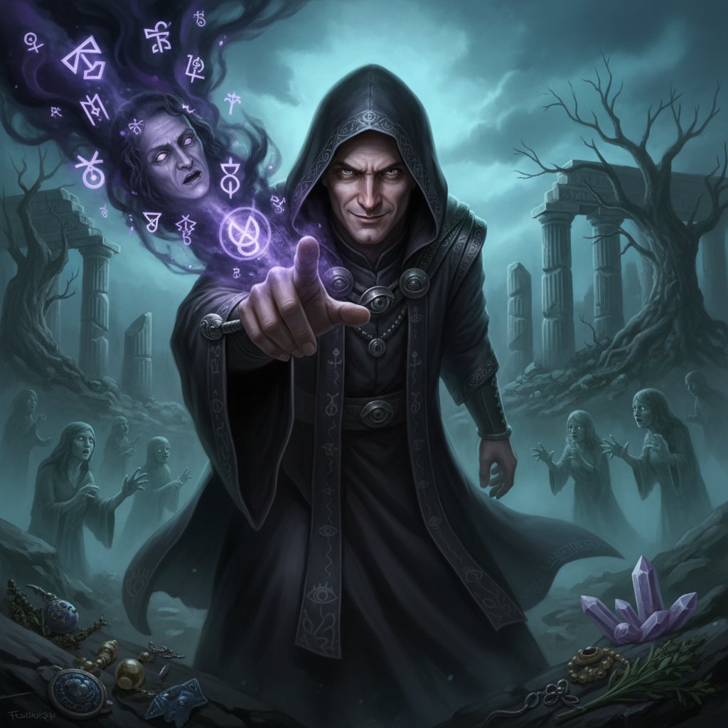 Mann mit erhobenem Zeigefinger, bedrohliche Aura, Manipulation im spirituellen Kontext