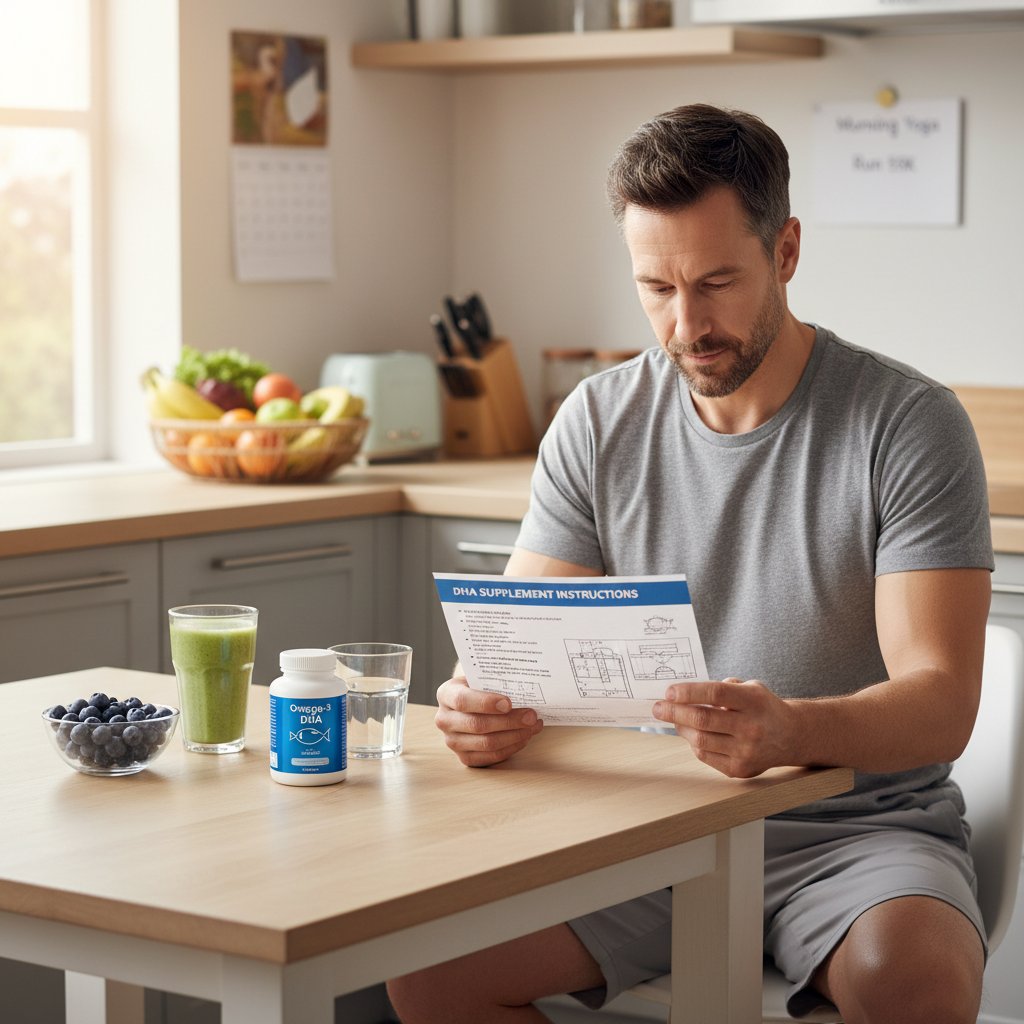 Mężczyzna czytający instrukcję suplementacji DHA, zdrowy styl życia