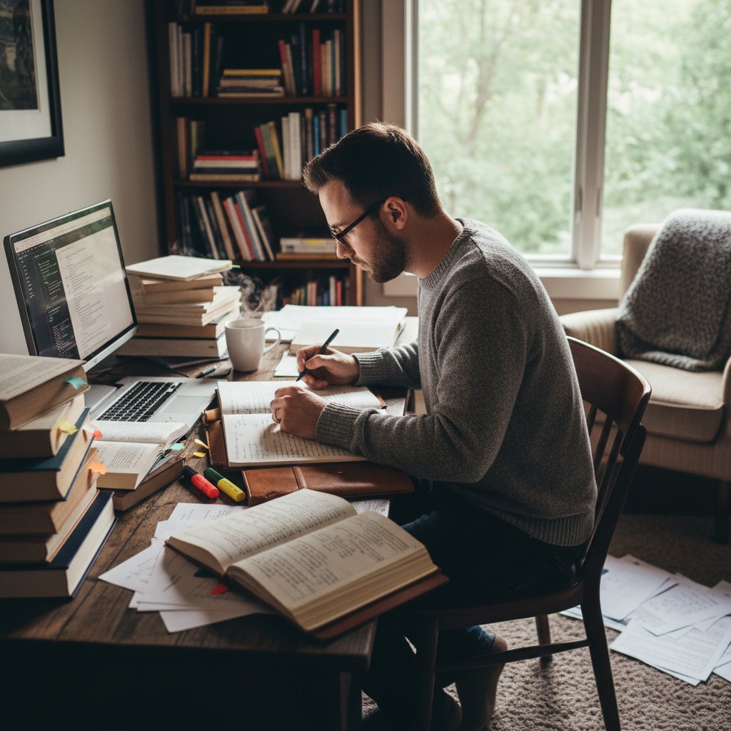 Mężczyzna analizujący notatki przy czytaniu, stosy książek, laptop, skupienie