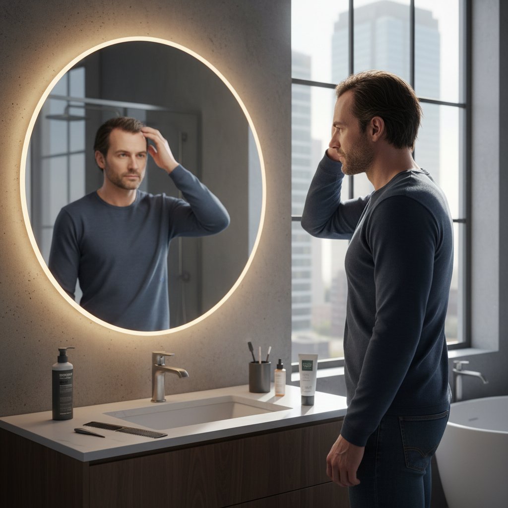 Mężczyzna z zakolami patrzy w lustro, odczuwając emocje związane z leczeniem łysienia
