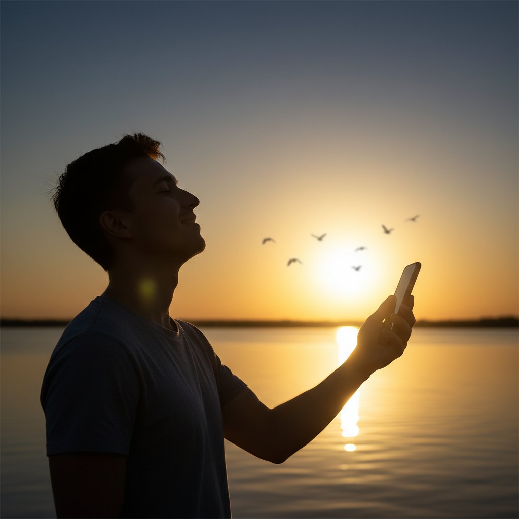 Mann blickt erleichtert auf sein Smartphone, Sonnenaufgang im Hintergrund, Hoffnung nach digitaler Unterstützung