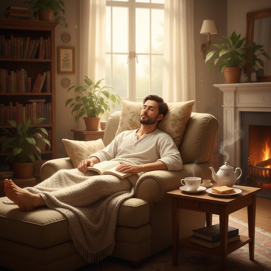Mężczyzna odpoczywający w domu, książka i herbatka, rekonwalescencja