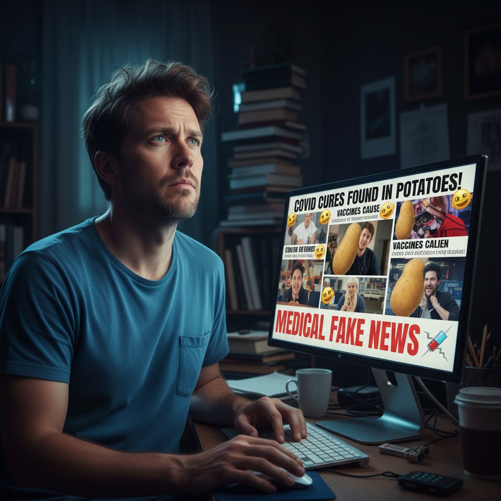 Mężczyzna przewracający oczami nad komputerem, na ekranie widoczne fake newsy medyczne – dezinformacja zdrowotna