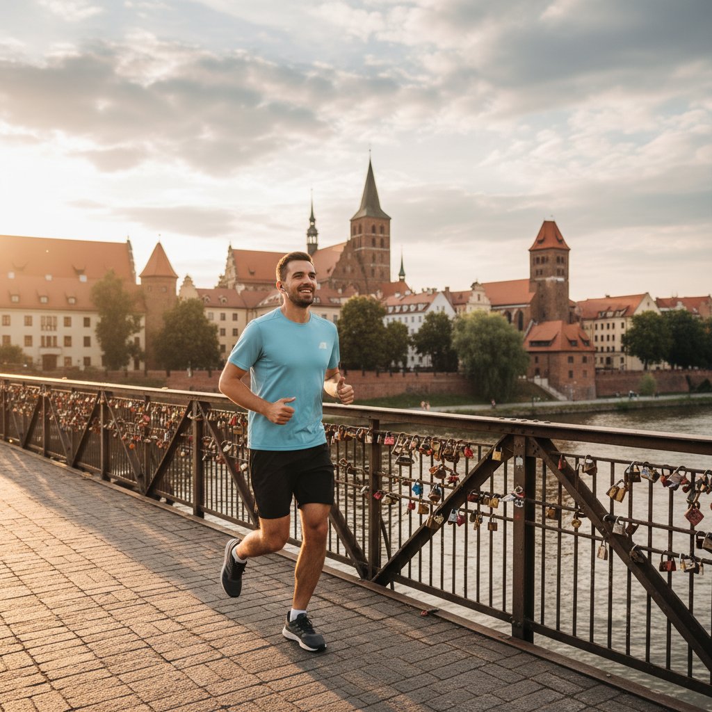 Bartek biegnący przez most w mieście, selfie w trakcie biegu, uśmiechnięty, w tle Wrocław
