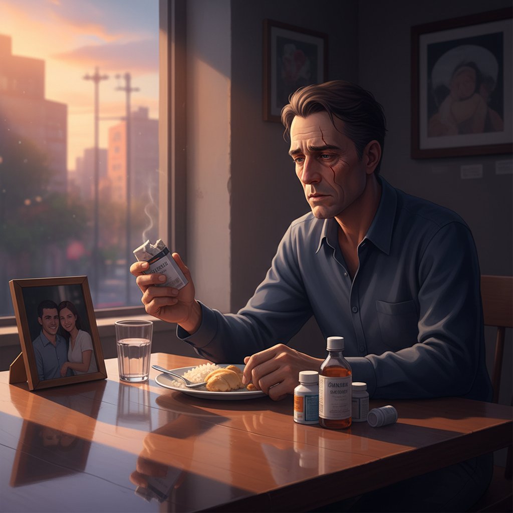 Mężczyzna siedzący sam przy stole, zamyślony, światło wieczorne, słowa kluczowe: samotność, refleksja, zdrowie, konsekwencje