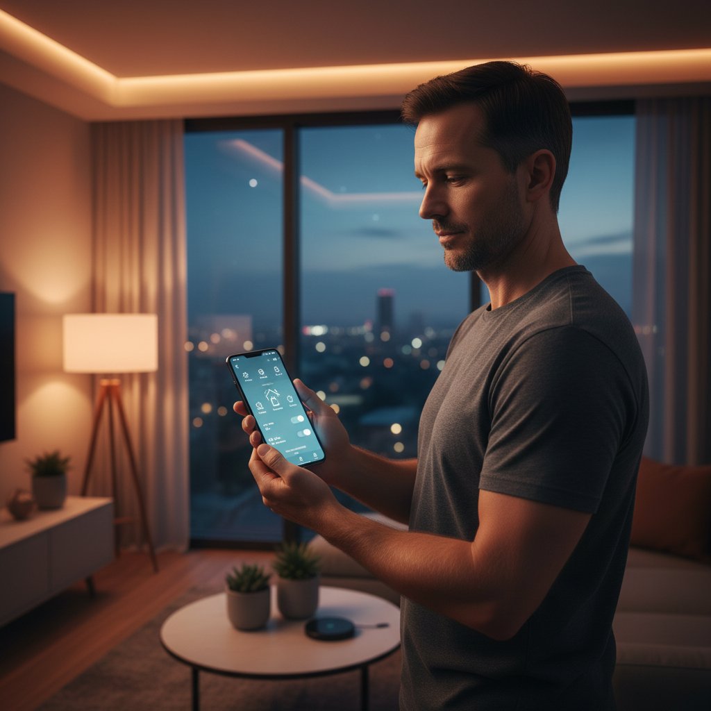 Mężczyzna sprawdzający aplikację smart home na telefonie, wieczór, nowoczesne wnętrze