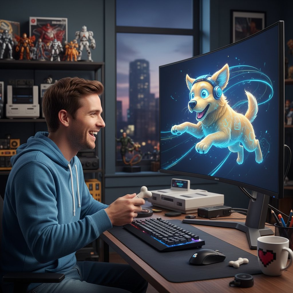 Mężczyzna przy komputerze, uśmiechający się do ekranu z wyświetlonym wirtualnym psem