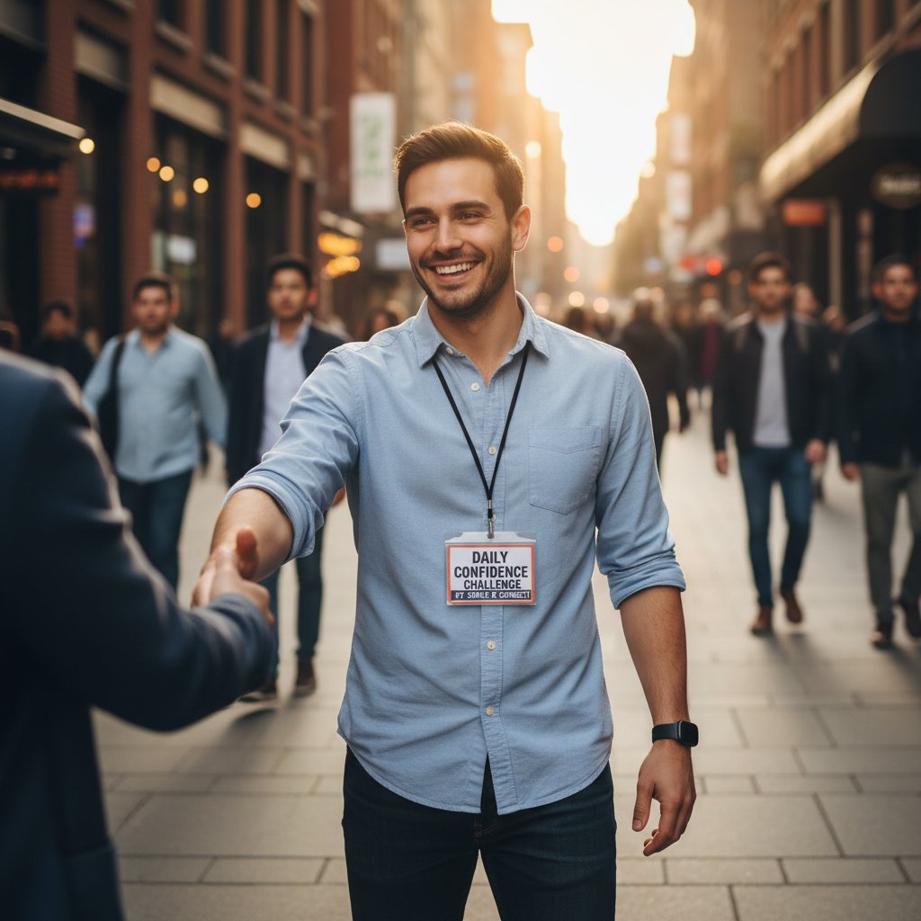 Mężczyzna podejmujący codzienne mikro-wyzwanie, uśmiech podczas rozmowy