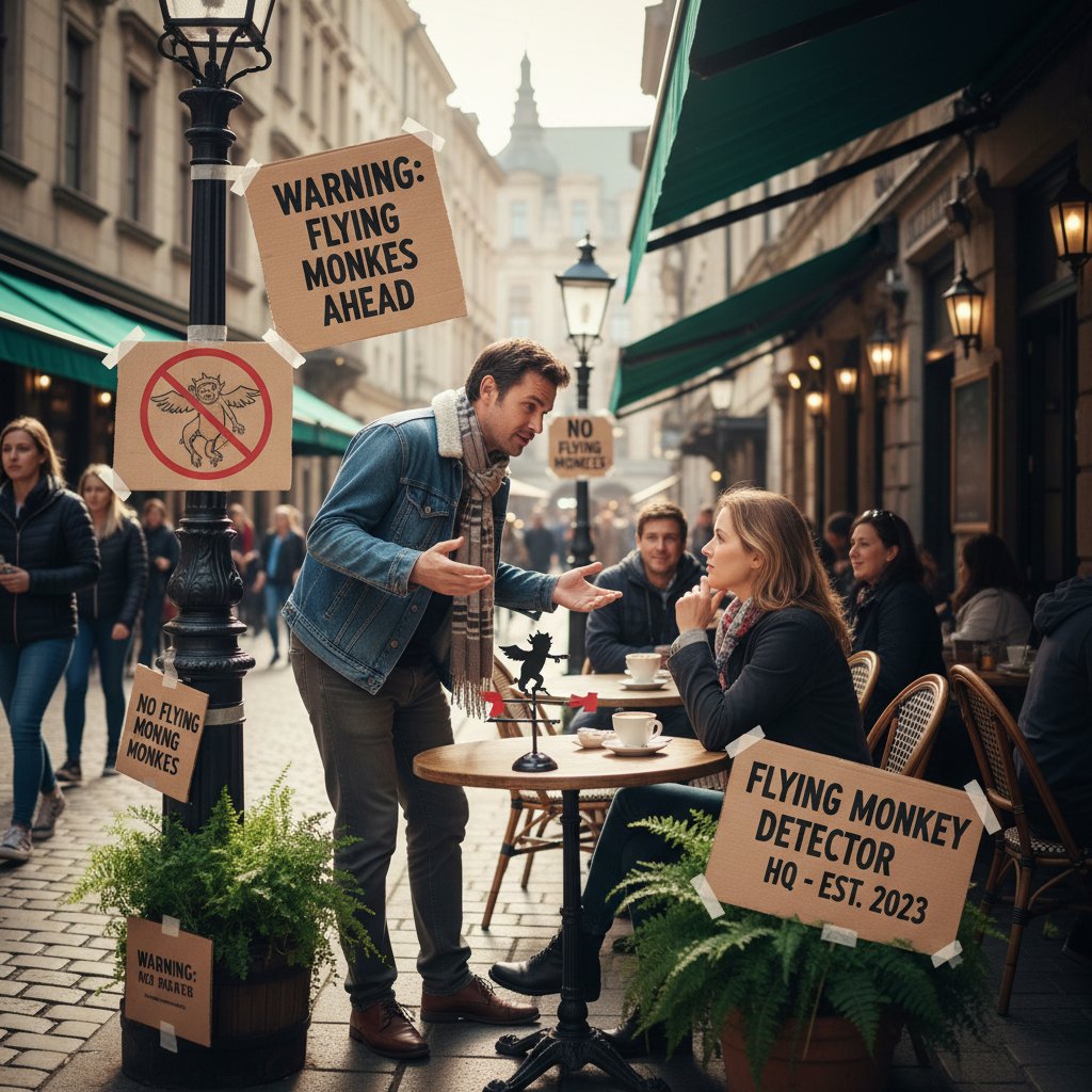Mężczyzna rozmawiający z dwiema osobami w kawiarni – wykrywanie sygnałów flying monkeys w codziennych relacjach