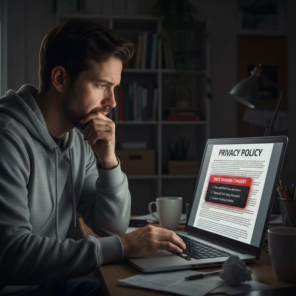 Mężczyzna z zamyślonym wyrazem twarzy przed komputerem, analizując politykę prywatności