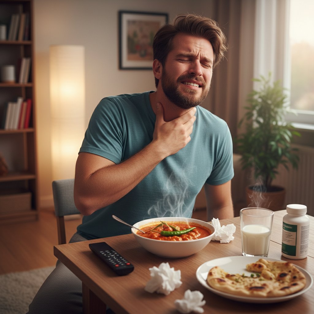 Zdenerwowany mężczyzna trzymający gardło po zjedzeniu ostrego jedzenia, kuchnia, dom