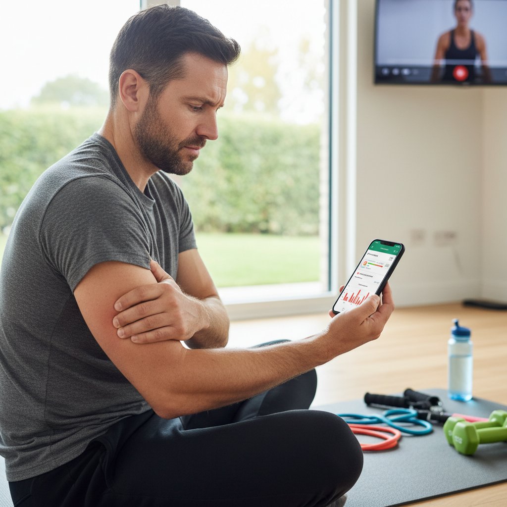 Monitorowanie objawów bólu mięśni: mężczyzna notujący dane w aplikacji na smartfonie